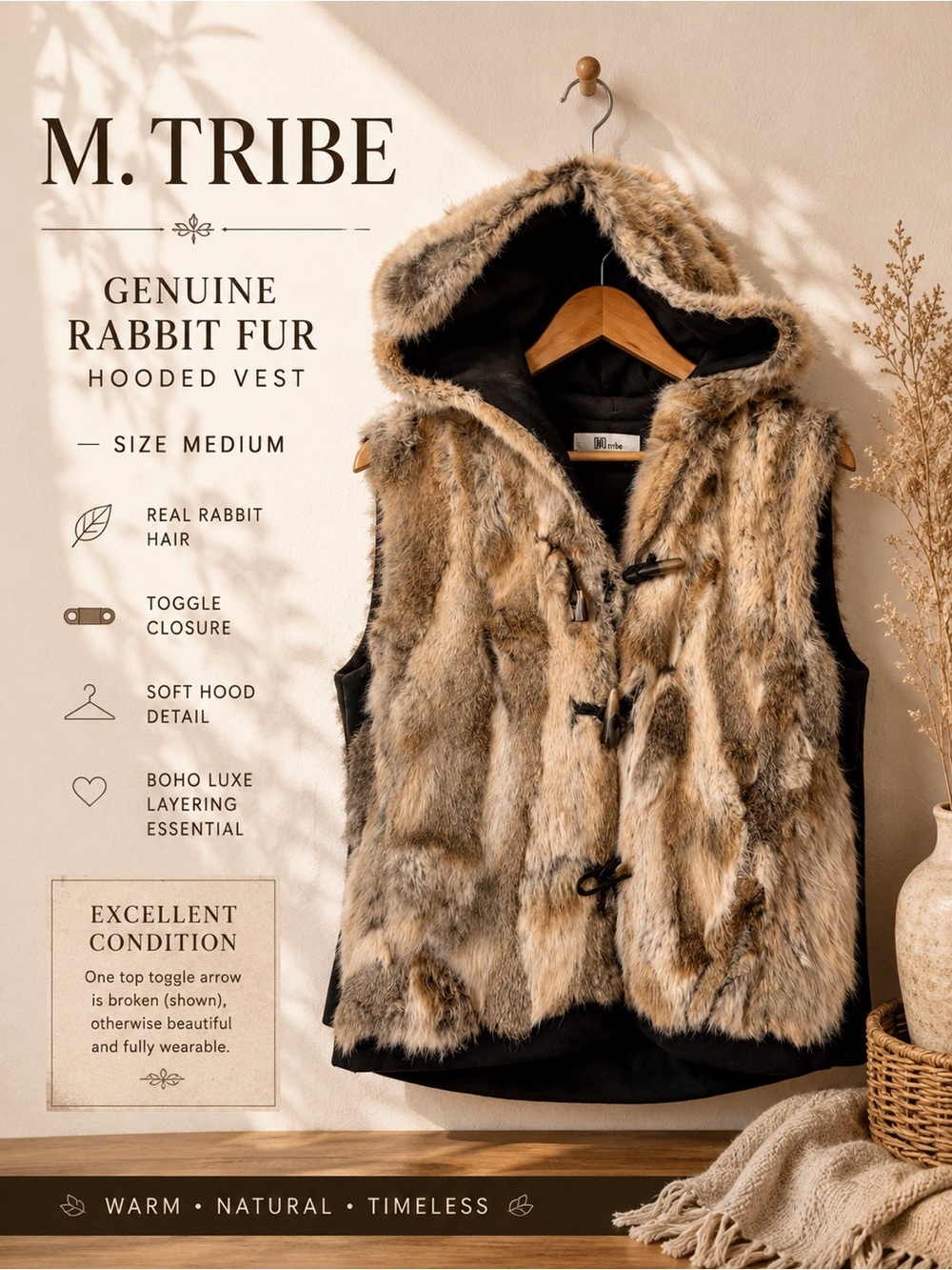 M. Tribe Genuine Rabbit Fur Hooded Toggle Vest Size Medium